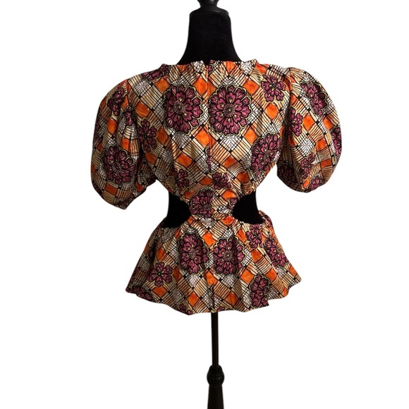 $495 Autumn Adeigbo Ilona Purple Puff Sleeve Cut Out Purple Orange Pattern 0023 - Picture 7 of 9